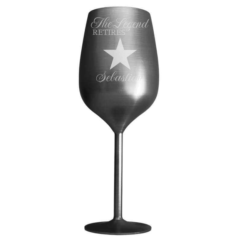 Pahar Vin Personalizat Inox Negru Satin Legenda se Pensioneaza