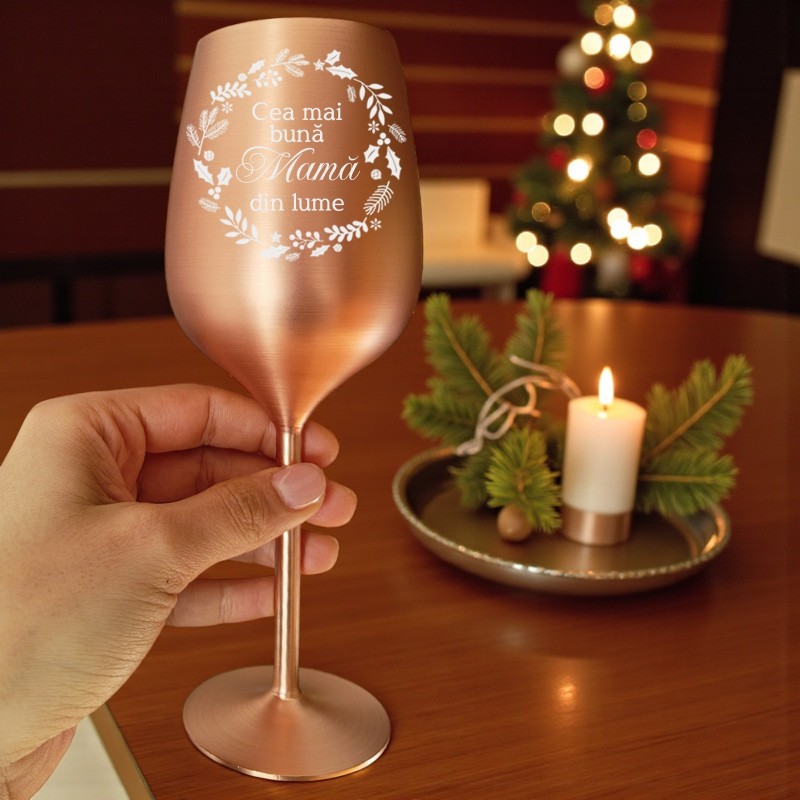                 Pahar Vin Personalizat Inox Rose Gold Satin Dedicatie Motive Sarbatori
               