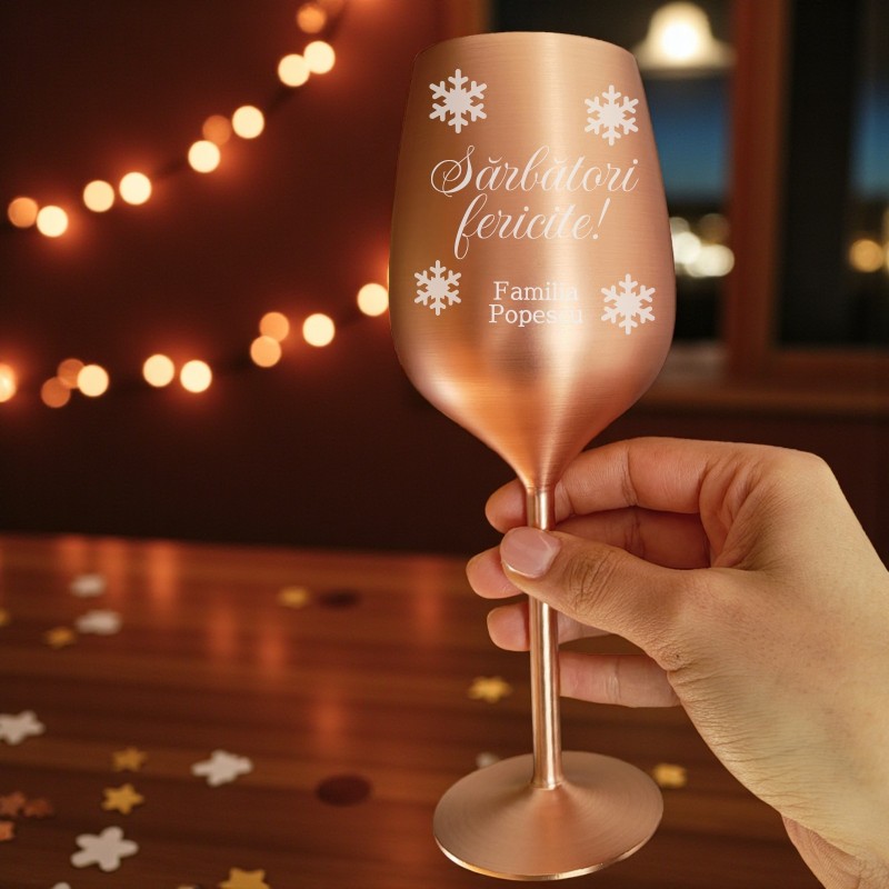 Pahar Vin Personalizat Inox Rose Gold Satin Urare Craciun