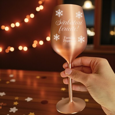 Pahar Vin Personalizat Inox Rose Gold Satin Urare Craciun
