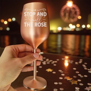 Pahar Vin Personalizat Inox Rose Gold Satin Gluma si Nume