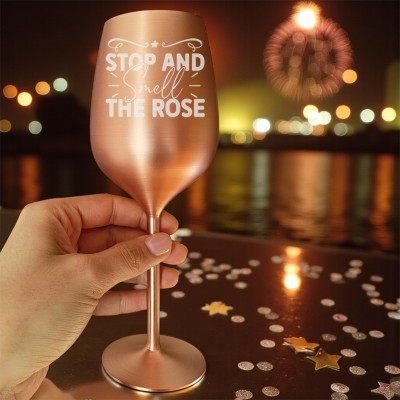 Pahar Vin Personalizat Inox Rose Gold Satin Gluma si Nume