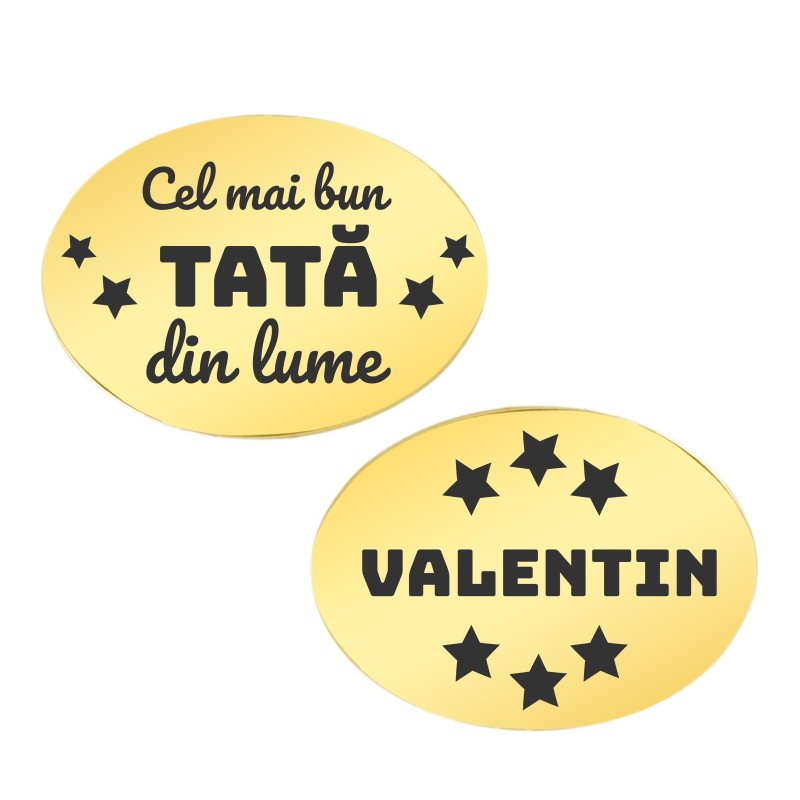                  Butoni personalizati Oval Inox Auriu Dedicatie Nume
               