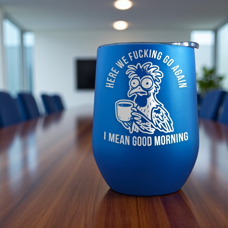 Termos Personalizat Cana de Vin cu Capac Inox Albastru F**king Good Morning