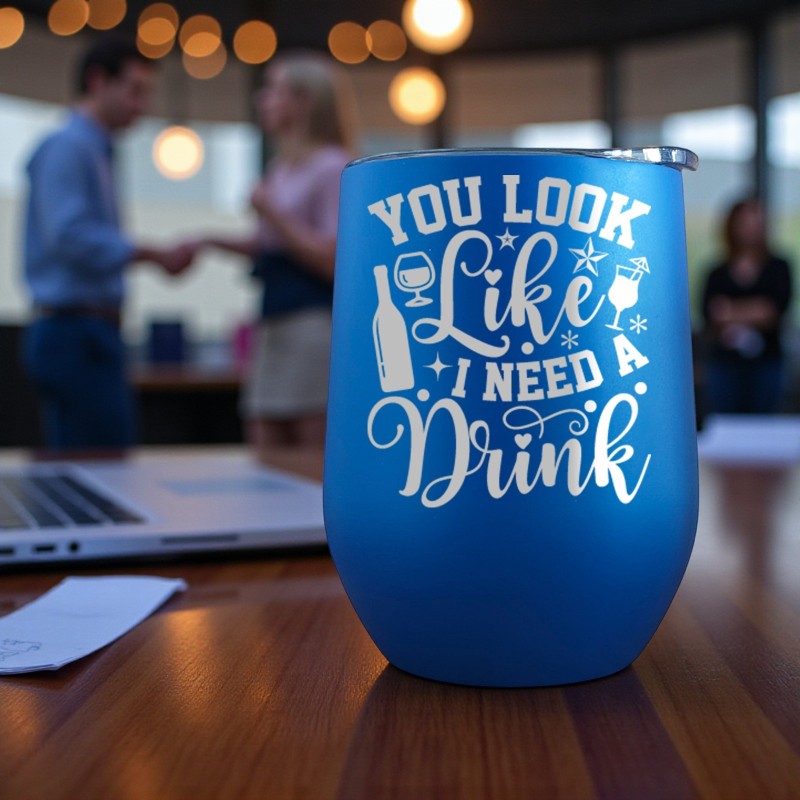 Termos Personalizat Cana de Vin cu Capac Inox Albastru You look like I need a Drink