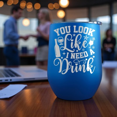 Termos Personalizat Cana de Vin cu Capac Inox Albastru You look like I need a Drink