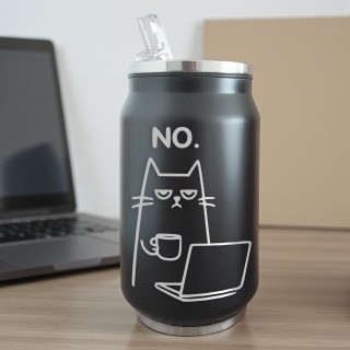 Termos Personalizat Doza cu Pai Inox Negru Pisica Grumpy Cafea Laptop si mesajul NO