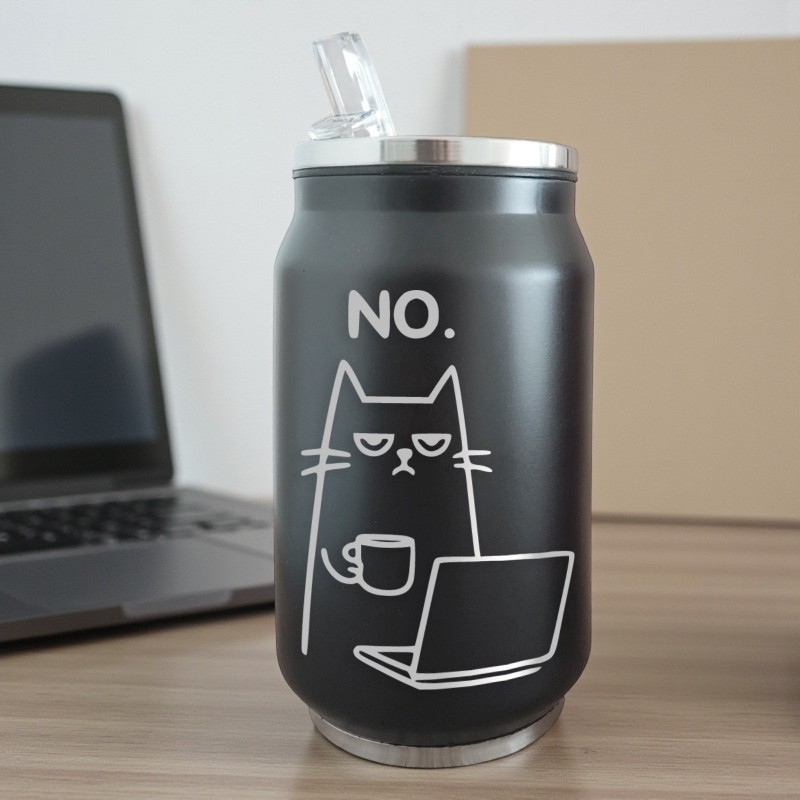 Termos Personalizat Doza cu Pai Inox Negru Pisica Grumpy Cafea Laptop si mesajul NO
