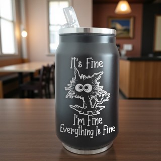 Termos Personalizat Doza cu Pai Inox Negru It's Fine I'm Fine Everything is Fine