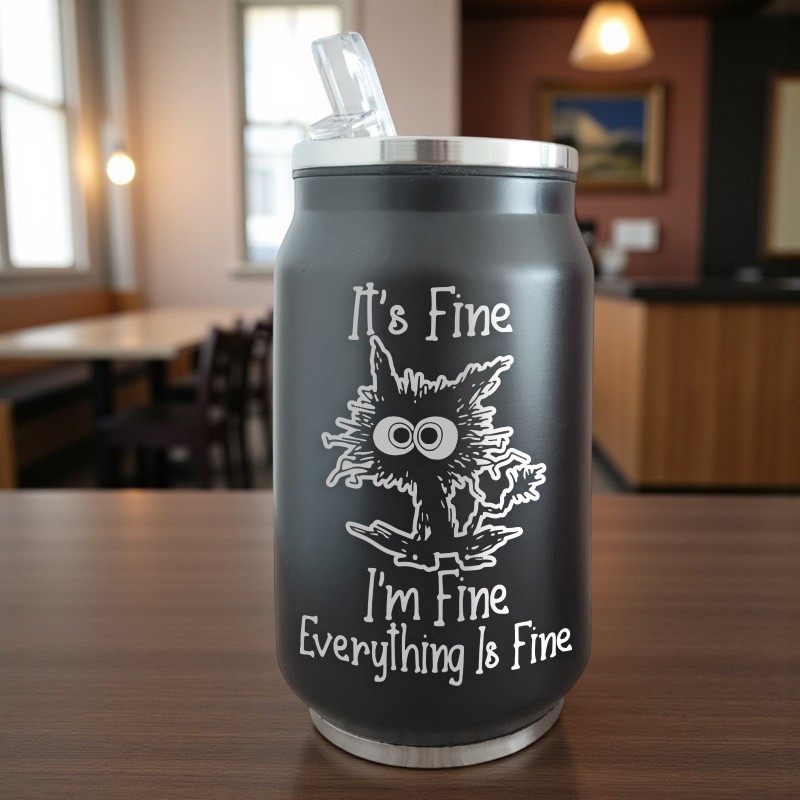 Termos Personalizat Doza cu Pai Inox Negru It's Fine I'm Fine Everything is Fine