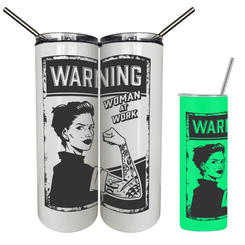                  Termos Personalizat Fosforescent Alb Verde Warning Woman at Work
               