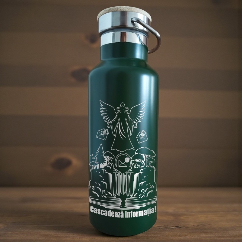                  Termos Personalizat Capac Bambus Inox Verde Cascadeaza Informatia
               