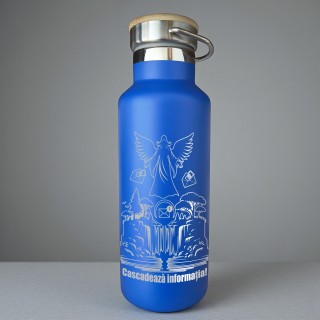 Termos Personalizat Capac Bambus Inox Albastru Cascadeaza Informatia