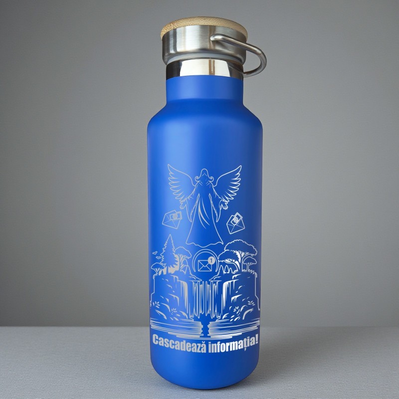                  Termos Personalizat Capac Bambus Inox Albastru Cascadeaza Informatia
               