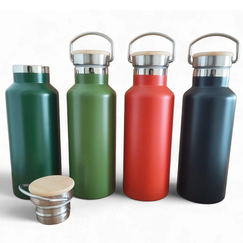                  Termos Personalizat Capac Bambus Inox Verde Kaki Cascadeaza Informatia
               