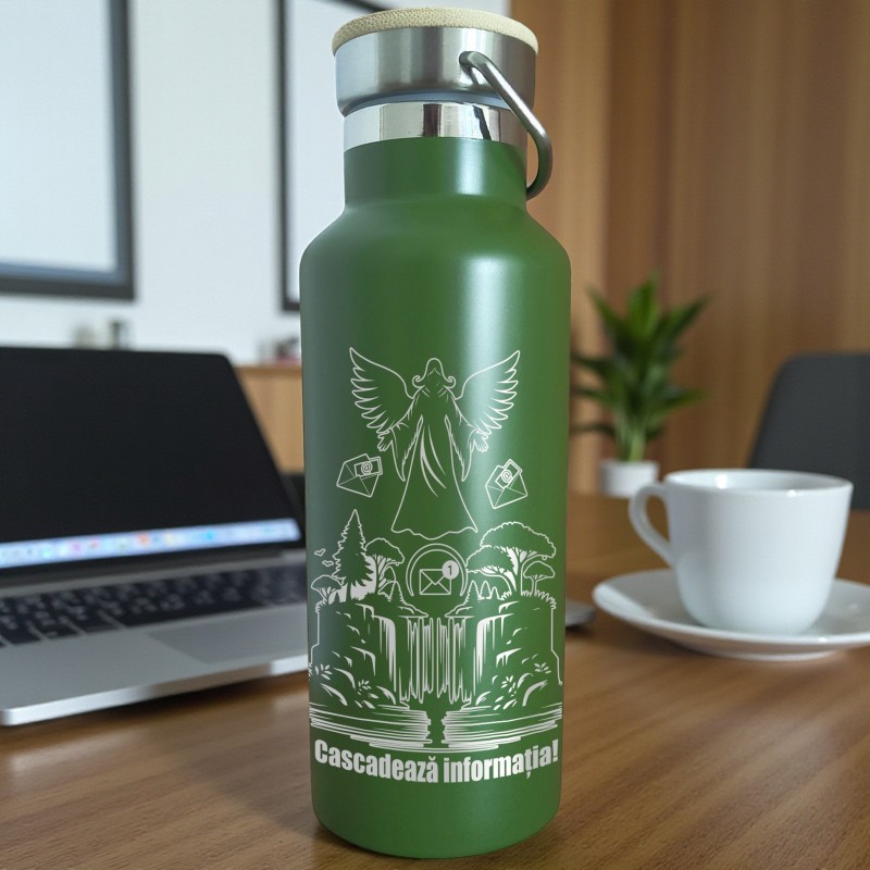                  Termos Personalizat Capac Bambus Inox Verde Kaki Cascadeaza Informatia
               