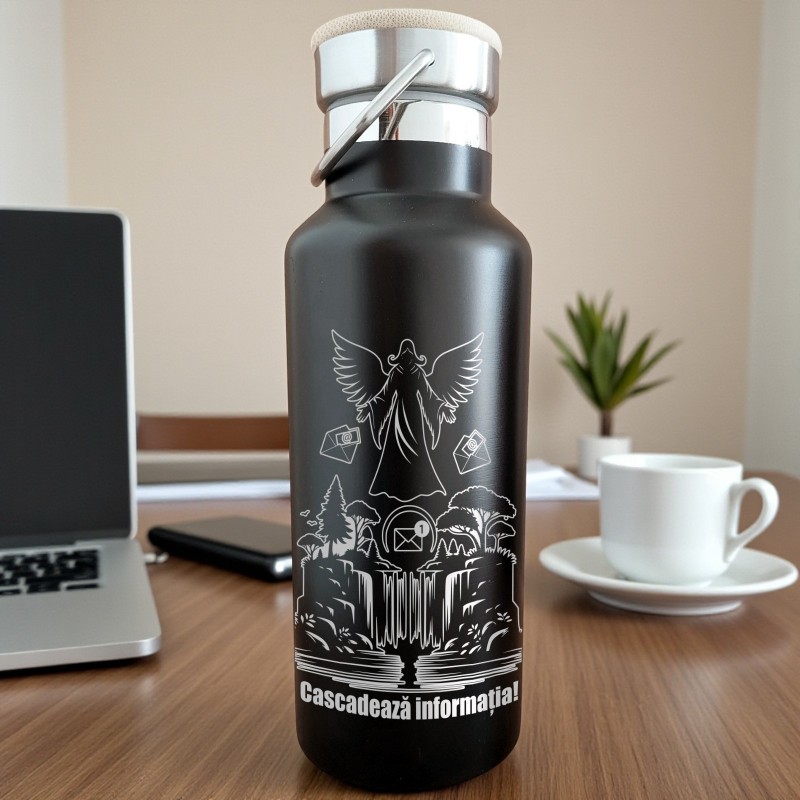                  Termos Personalizat Capac Bambus Inox Negru Cascadeaza Informatia
               