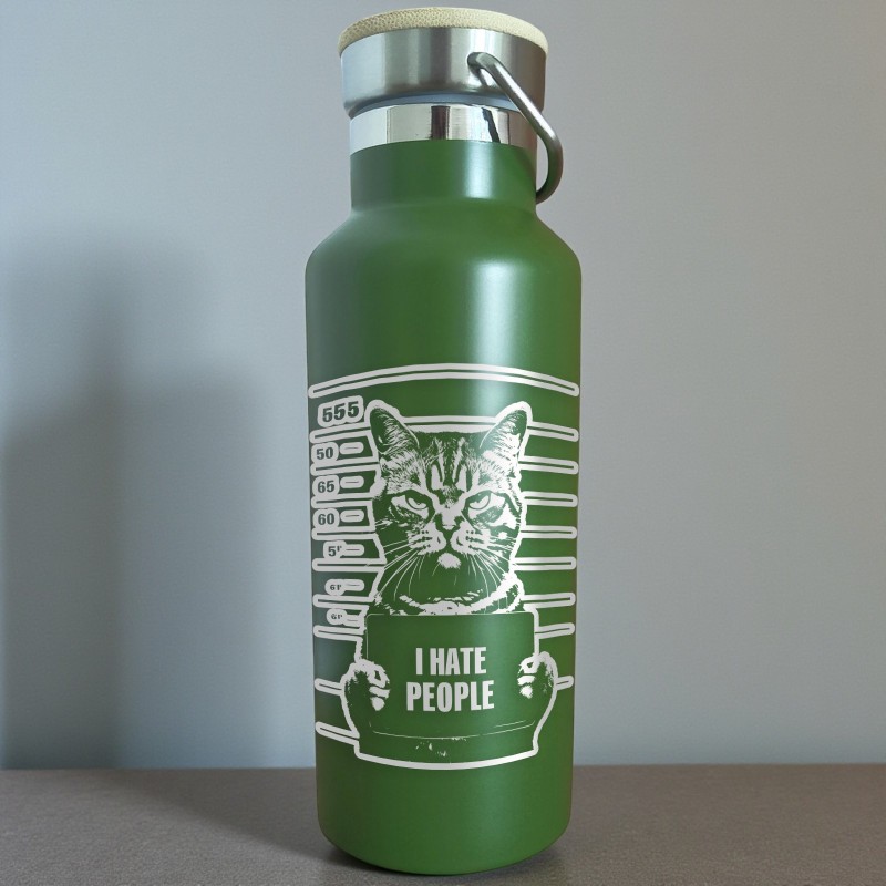                  Termos Personalizat Capac Bambus Inox Verde Kaki Pisica I Hate People
               