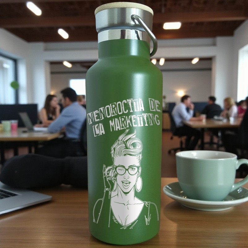 Termos Personalizat Capac Bambus Inox Verde Kaki Nenorocita de la Marketing
