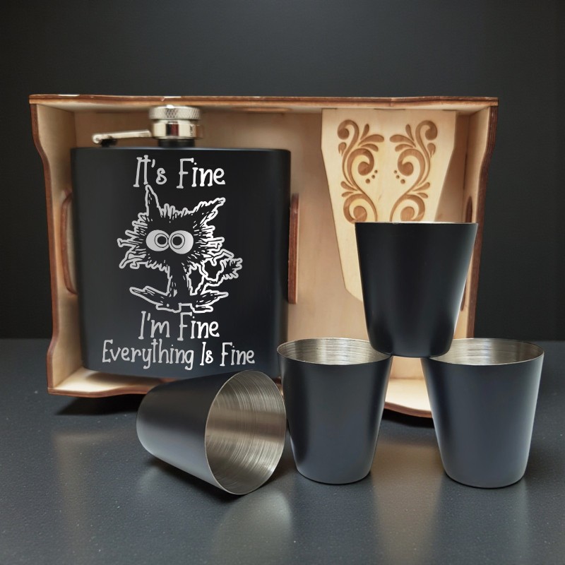 Set Cadou Pahare si Sticla de buzunar 200ml Personalizata Inox Negru Tava It's Fine I'm Fine Everything is Fine