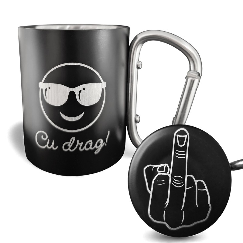                  Cana cu Carabiniera Inox Negru Mat Cu Drag + Mesaj Ascuns
               
