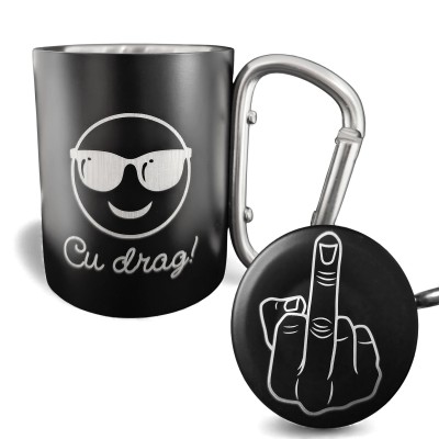 Cana cu Carabiniera Inox Negru Mat Cu Drag + Mesaj Ascuns
