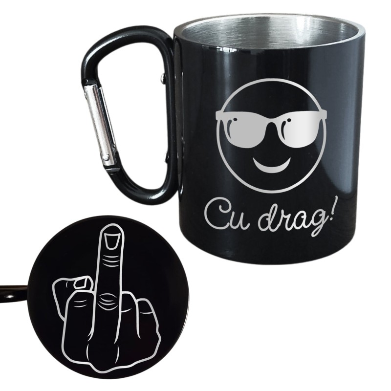 Cana cu Carabiniera Inox Negru Lucios Cu Drag + Mesaj Ascuns