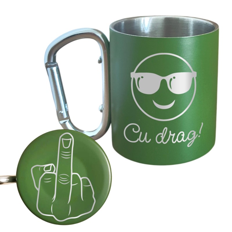 Cana cu Carabiniera Inox Verde Mat Cu Drag + Mesaj Ascuns