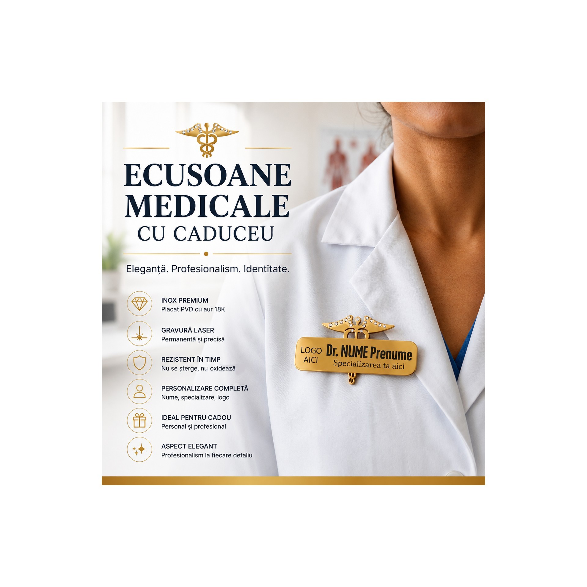 Ecusoane Medicale Personalizate cu Caduceu – Eleganță, Profesionalism și Identitate Vizuală